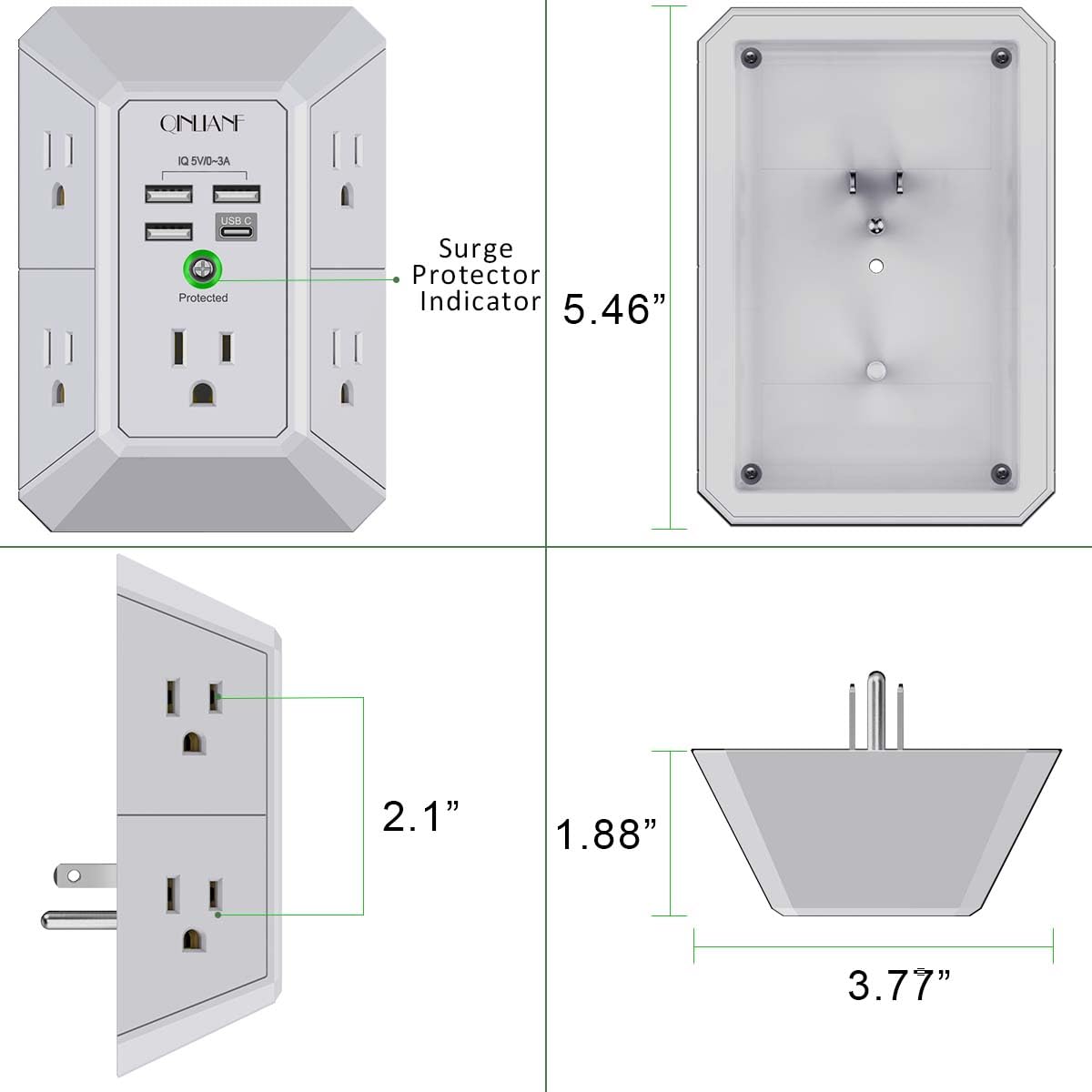 5-Outlet Wall Charger with USB Ports