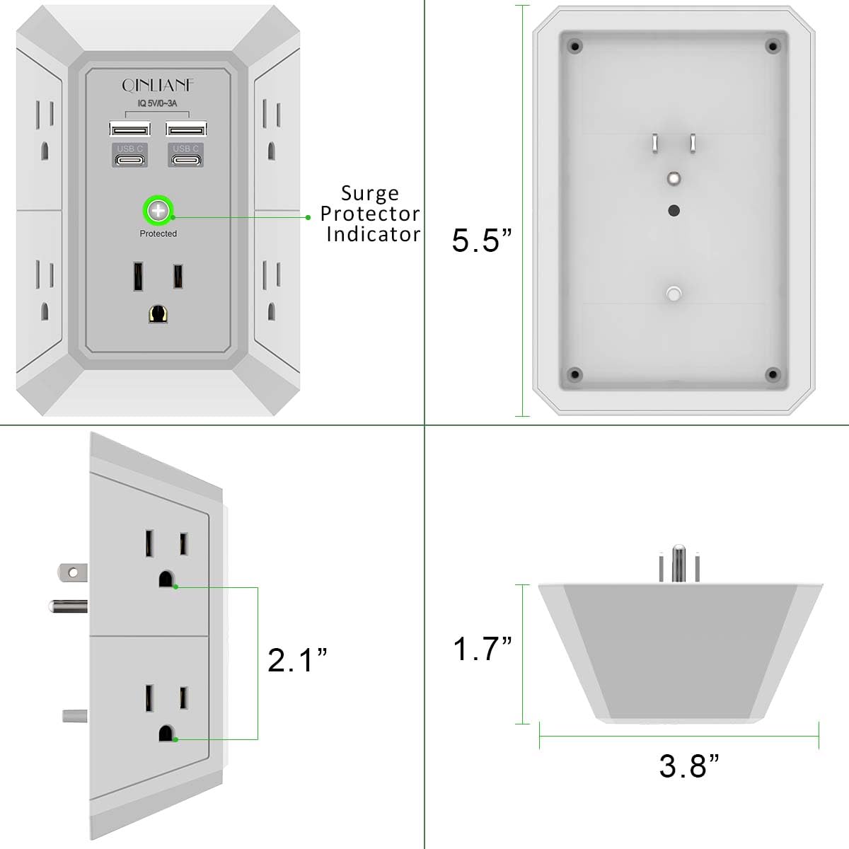 5-Outlet Wall Charger with USB Ports