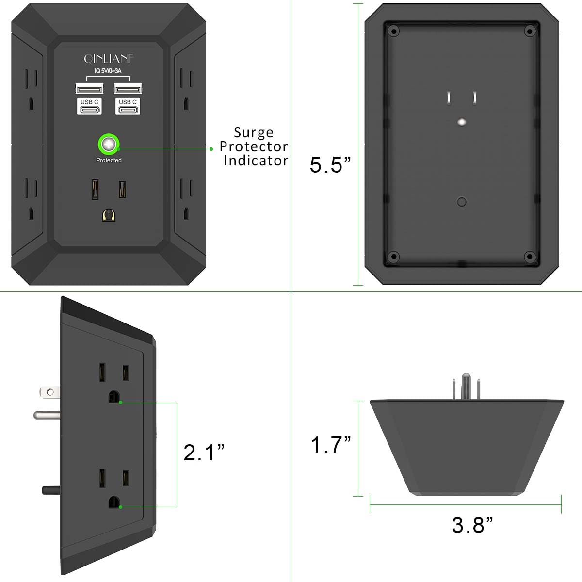 5-Outlet Wall Charger with USB Ports