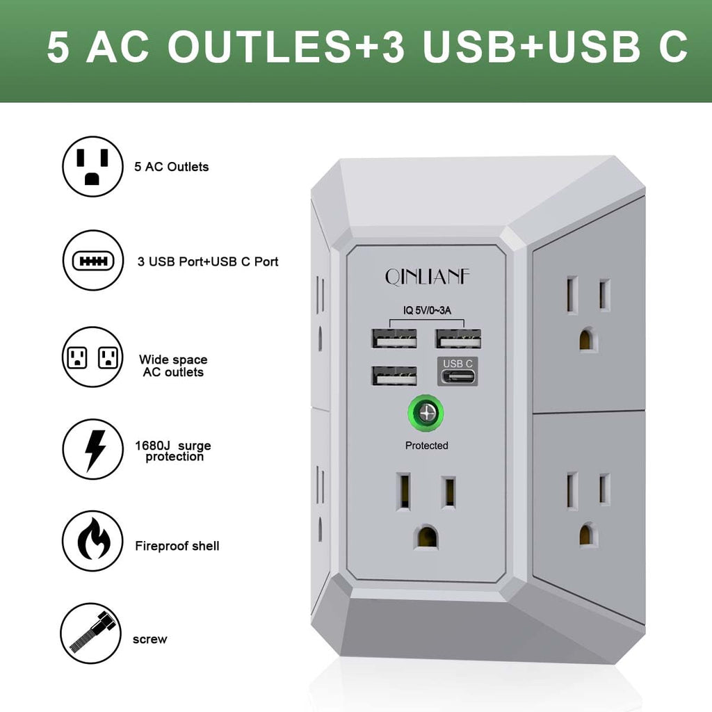 5-Outlet Wall Charger with USB Ports