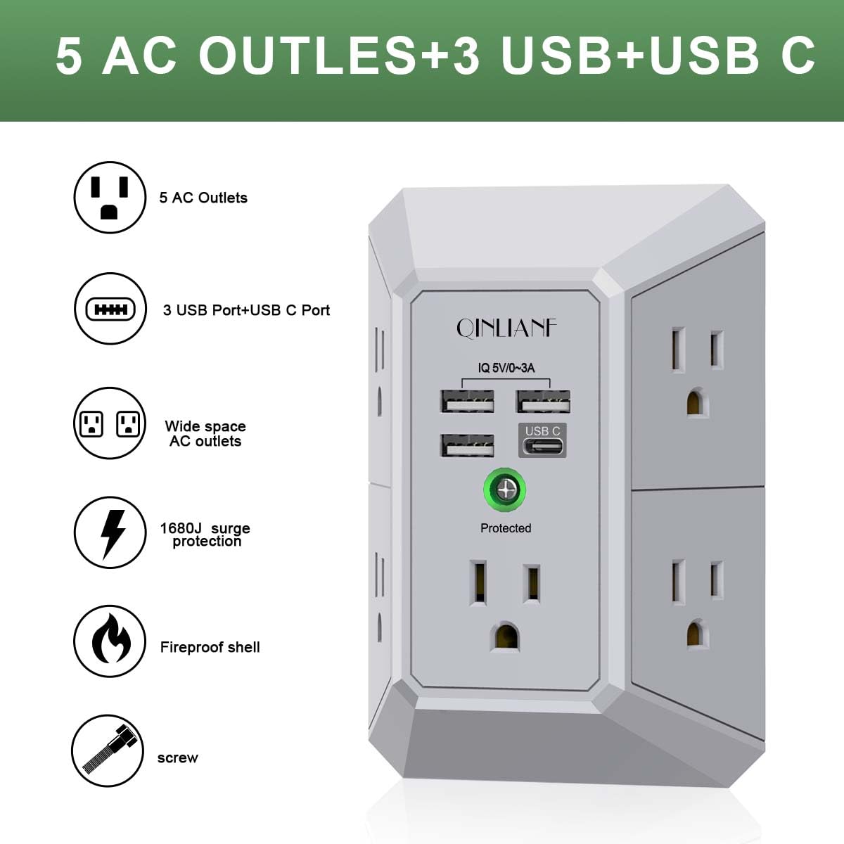 5-Outlet Wall Charger with USB Ports