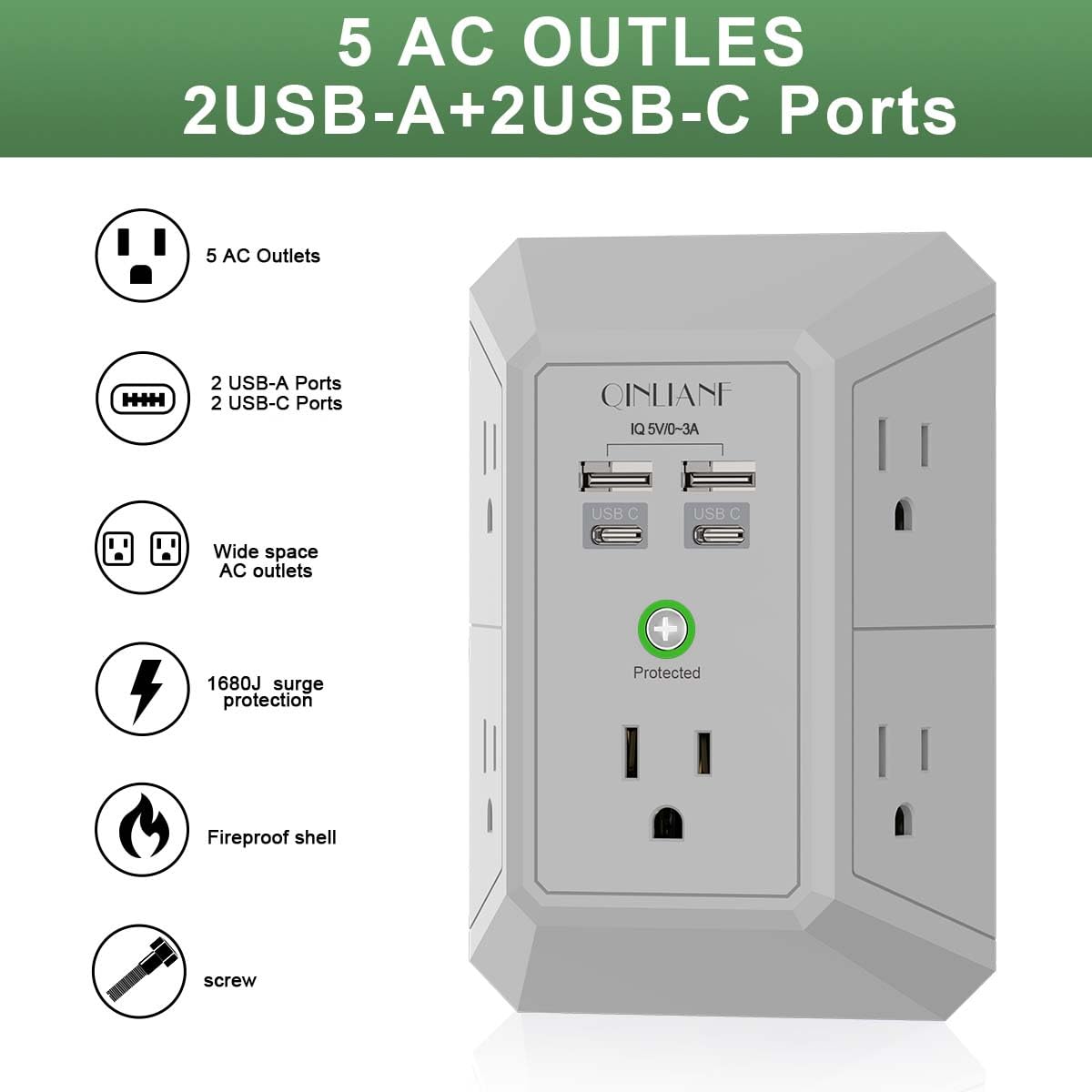 5-Outlet Wall Charger with USB Ports
