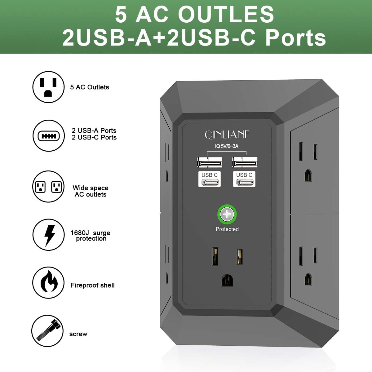 5-Outlet Wall Charger with USB Ports