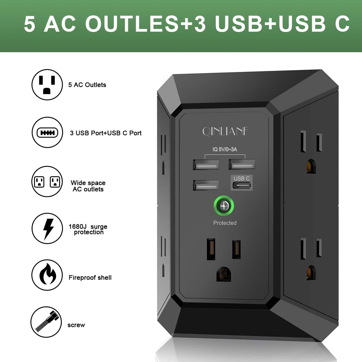 5-Outlet Wall Charger with USB Ports