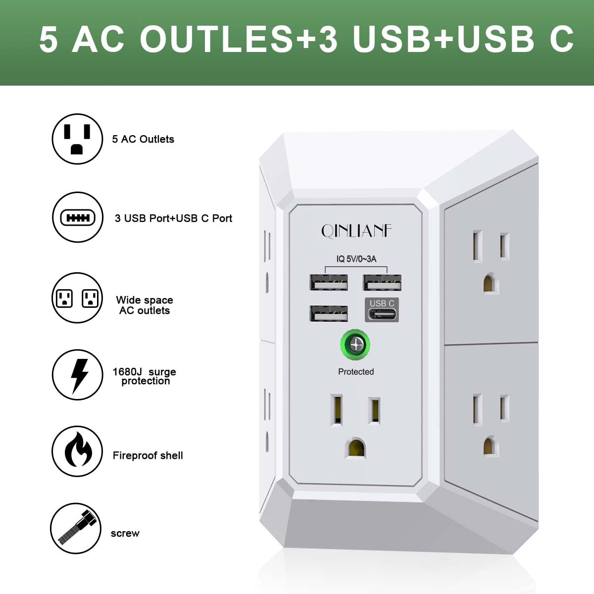 5-Outlet Wall Charger with USB Ports