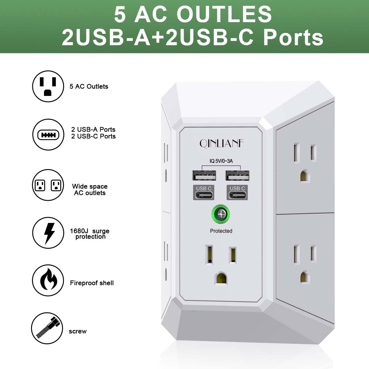 5-Outlet Wall Charger with USB Ports