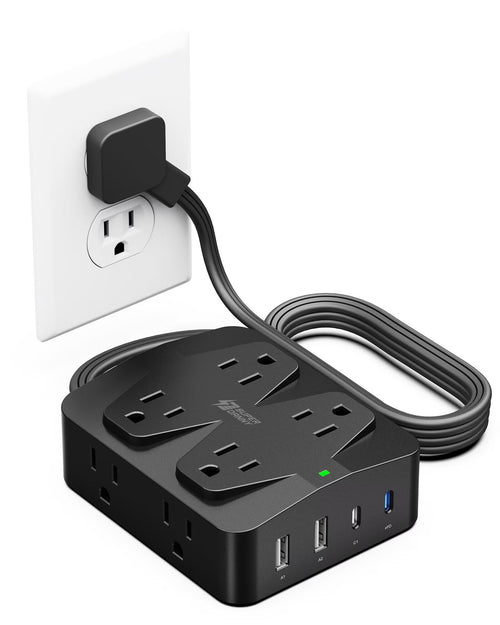 10Ft Extension Cord with Multiple Outlets, Flat Plug Surge Protector Power Strip 10 Ft Long Cord, 8 Outlets & 4 USB Ports (2 USB C), Desk Charging Station for Home Office, College Dorm Room Essentials